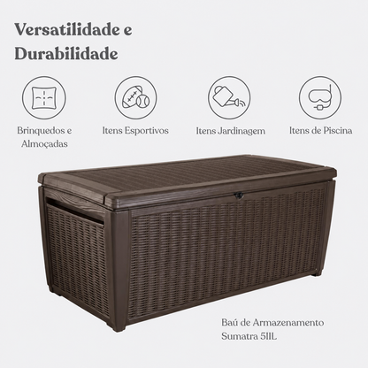 Baú Plástico 511 Litros Marrom Sumatra Banco para 350kg- Resistente a Sol e Chuva