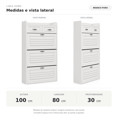 Medidas da sapateira Linea Home Branco Puro: 100 cm de altura, 80 cm de largura e 30 cm de profundidade